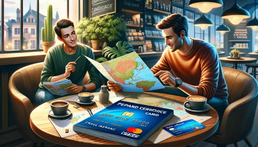 Two individuals planning a journey at a cafe table, discussing over a map with prepaid credit cards and travel insurance brochures in view, highlighting financial preparation for travel.