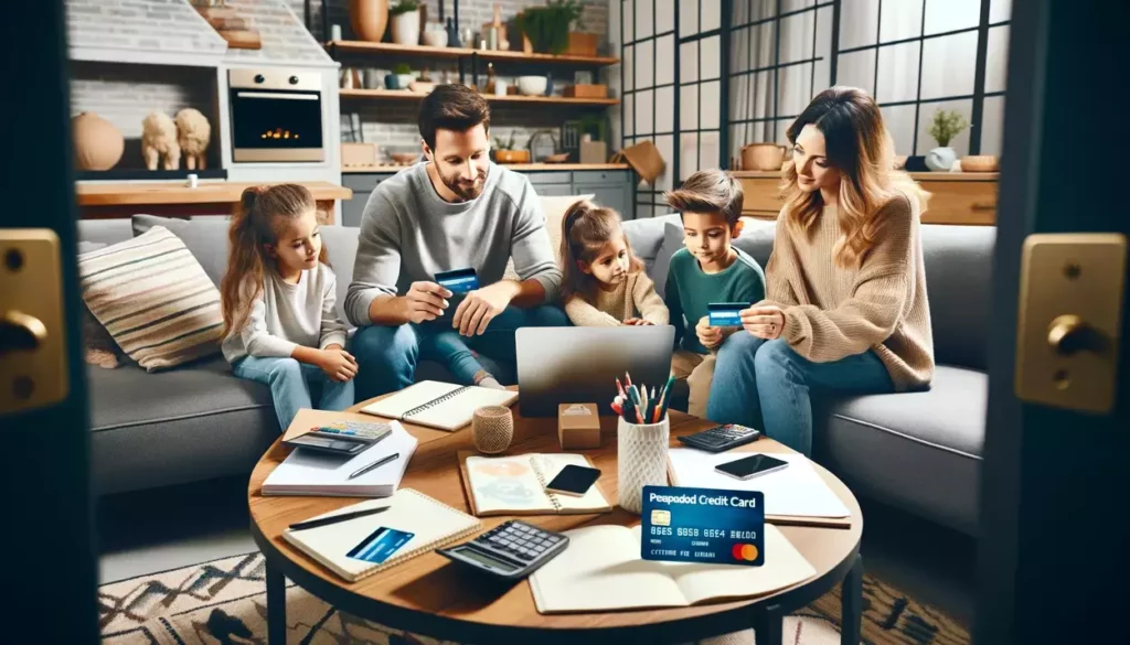 A cozy family room scene with parents teaching their children about financial responsibility using prepaid credit cards, showcasing an interactive session with a laptop and notes on a coffee table.