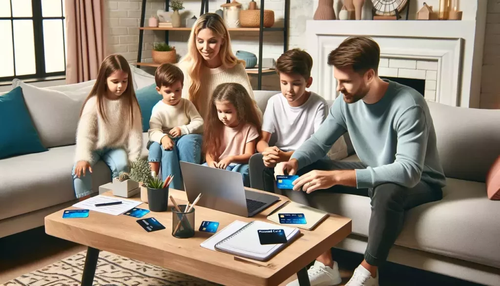 A cozy family room scene with parents teaching their children about financial responsibility using prepaid credit cards, showcasing an interactive session with a laptop and notes on a coffee table.