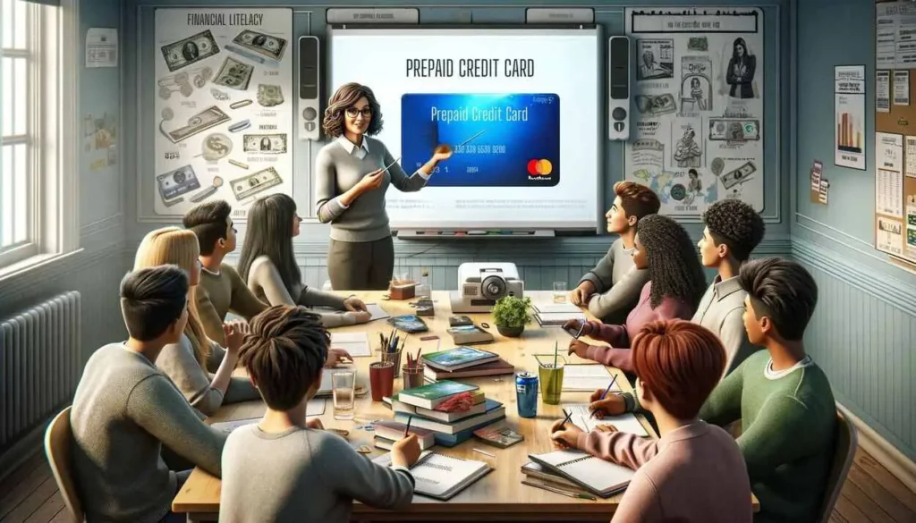 A classroom scene with diverse teenagers learning about financial literacy through prepaid credit cards, engaging with a teacher's presentation on budgeting and smart spending, surrounded by educational posters on economics.