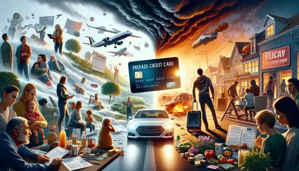 A hopeful scene depicting diverse individuals and families facing challenging situations such as a natural disaster, job loss, and a car breakdown, with a glowing prepaid credit card symbolizing financial support and resilience.