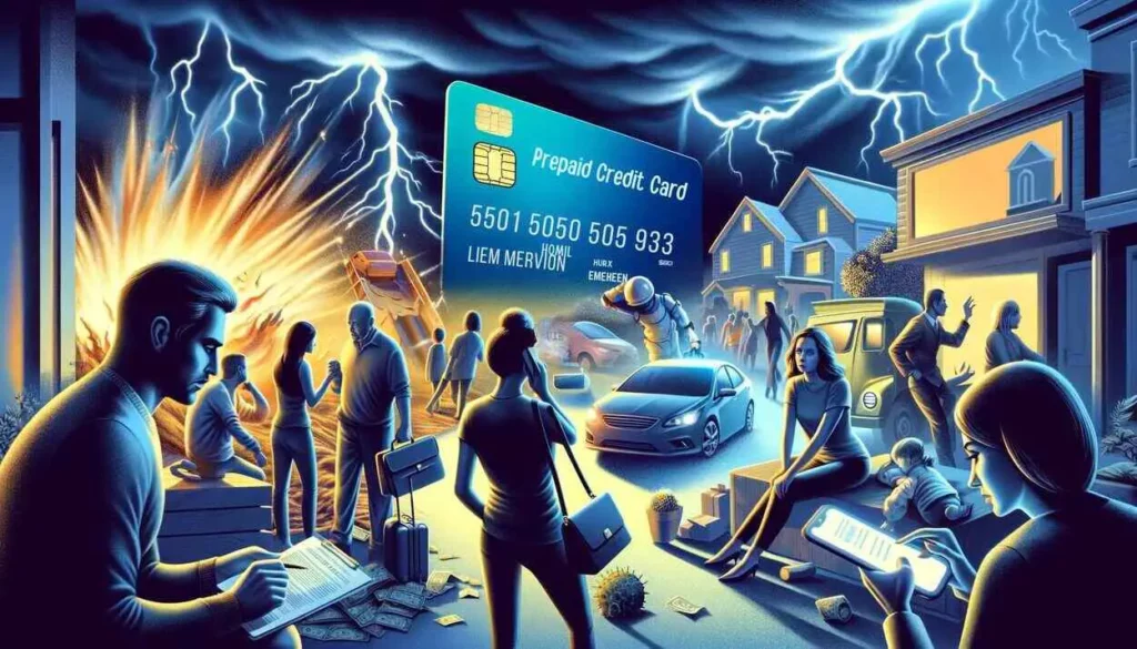 Illustration of people from various backgrounds overcoming adversity like natural disasters and emergencies, united by the common theme of financial security provided by a subtly glowing prepaid credit card.