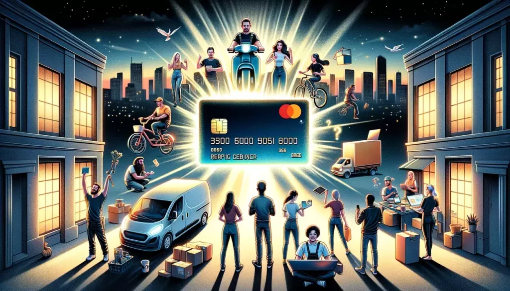 A diverse group of gig economy workers, including a delivery driver, a freelance graphic designer, and a rideshare driver, gather around a giant glowing prepaid credit card, symbolizing financial control. The scene is set against a cityscape at dusk, highlighting the flexibility of gig work and the empowerment of managing finances with prepaid credit cards.