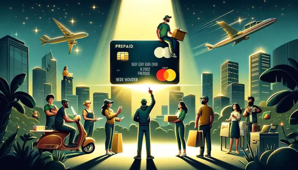 A diverse group of gig economy workers, including a delivery driver, a freelance graphic designer, and a rideshare driver, gather around a giant glowing prepaid credit card, symbolizing financial control. The scene is set against a cityscape at dusk, highlighting the flexibility of gig work and the empowerment of managing finances with prepaid credit cards.