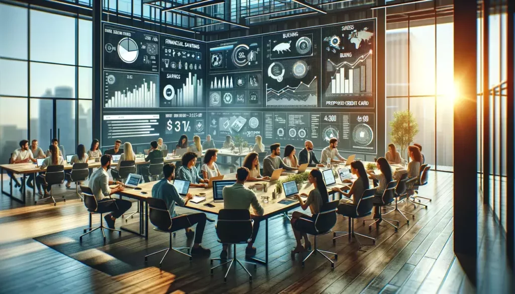 A modern office space illuminated by natural light, where a diverse team of gig economy workers collaborates around a sleek table. They're discussing financial strategies, with a digital display showing financial savings and budgeting with prepaid credit cards in the background, emphasizing teamwork, innovation, and the importance of financial planning for gig workers.