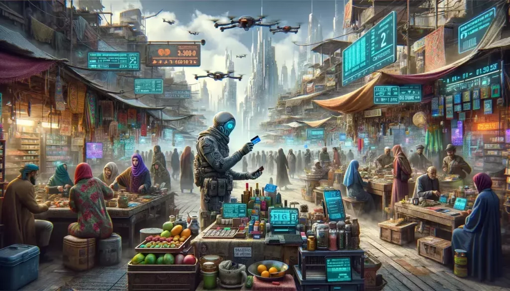 A futuristic dystopian marketplace scene where a traveler uses a prepaid credit card at a vendor's stall surrounded by digital displays, traditional goods, and a backdrop of dilapidated buildings and digital billboards, under a sky patrolled by drones.