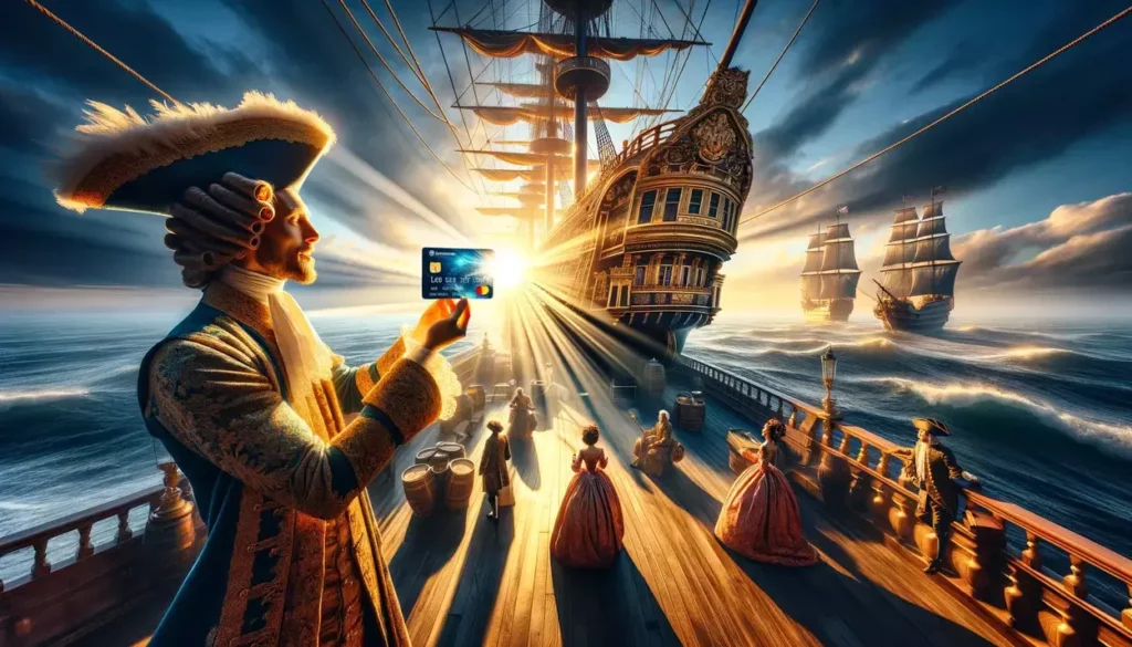 Wide-angle view of a Baroque-era ship at sea under the morning sun, with travelers in opulent attire around a glowing prepaid credit card illuminating a map, highlighting the grandeur of international travel.