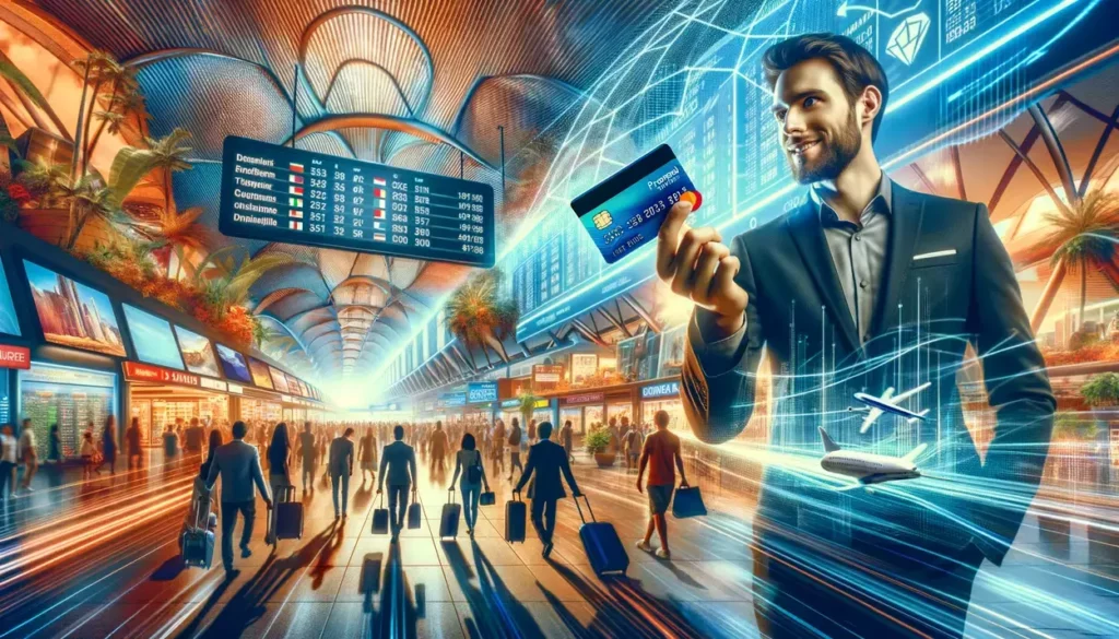 An energetic airport atmosphere captured through a Dutch angle, focusing on a confident traveler holding a prepaid credit card by a digital information screen, amid a lively background of travelers and international shops.