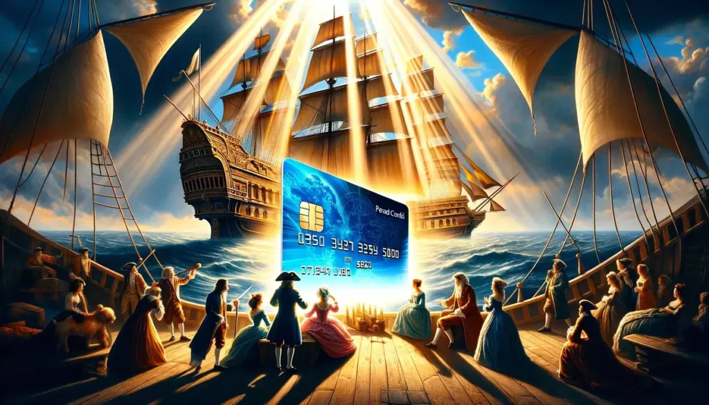 Bright, sunlit Baroque scene with travelers on a grand ship, gathered around a glowing prepaid credit card casting light over a map, under a clear blue sky with calm seas, symbolizing the joy of adventure and secure travel.