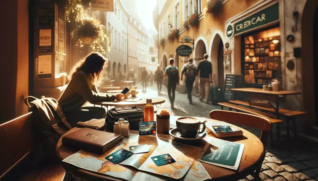 A nostalgic 35mm film-style image of a traveler at a quaint European café, with a prepaid credit card, coffee, travel guides, and maps on the table, capturing a moment of travel preparation under warm, natural light.