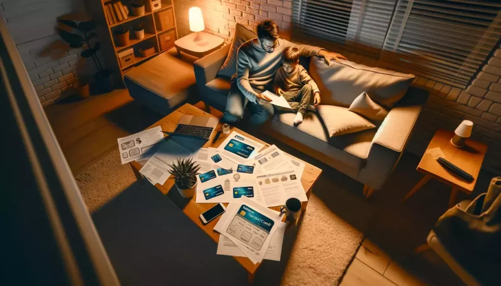 High angle view of a parent and child exploring prepaid credit cards in a cozy living room, highlighting an intimate educational moment.