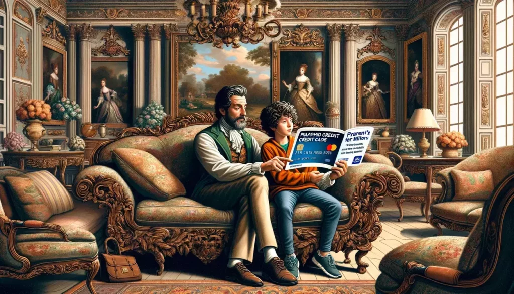 A parent and child discussing a 'Prepaid Credit Cards for Minors' guide in a baroque-style living room, symbolizing financial literacy education amidst historical luxury.