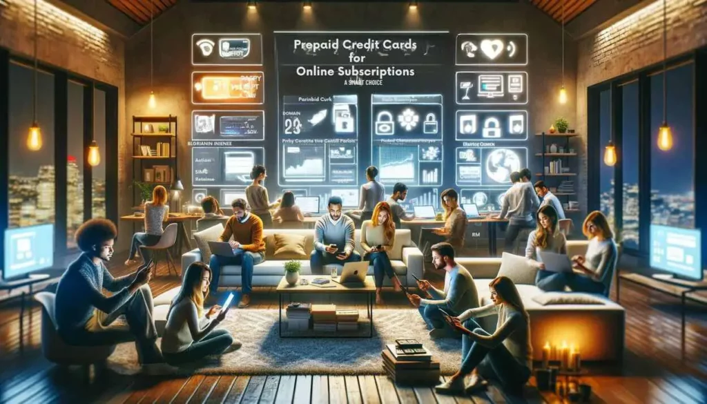 A diverse group of individuals sitting in a modern living room, each using digital devices with a visible prepaid credit card on the table, symbolizing the convenience and security of using prepaid cards for online subscriptions.