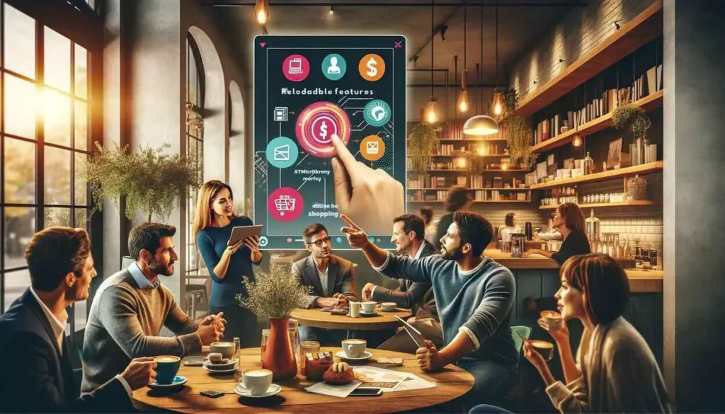 Friends discussing the reloadable features of prepaid credit cards with an infographic on a tablet in a cozy coffee shop setting, surrounded by other patrons and a warm ambiance.