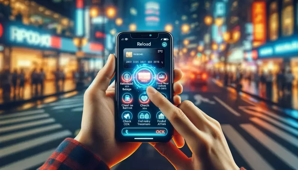 Hands holding a smartphone with an app for managing a prepaid credit card against a blurred city street background, emphasizing convenience and modern financial management.