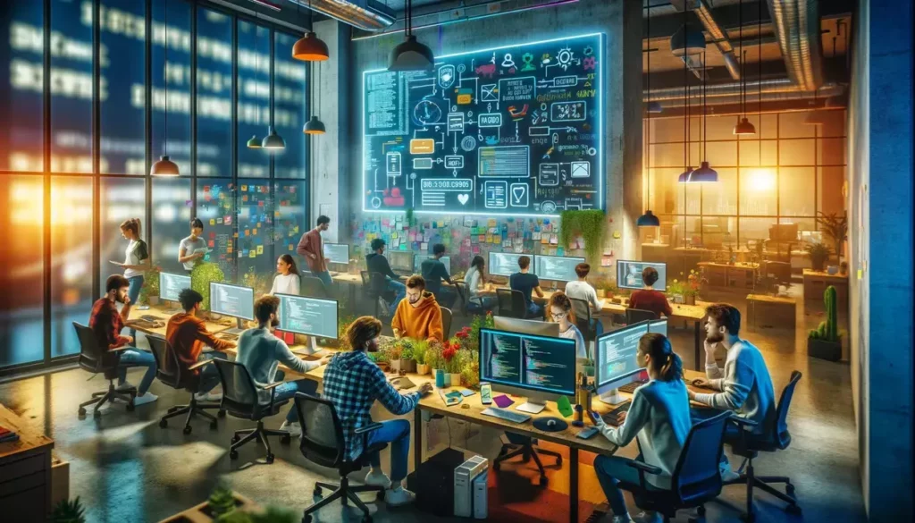 Here are two illustrations showcasing a vibrant tech startup office, where a diverse team is passionately developing an app for the security and traceability of prepaid credit card transactions.