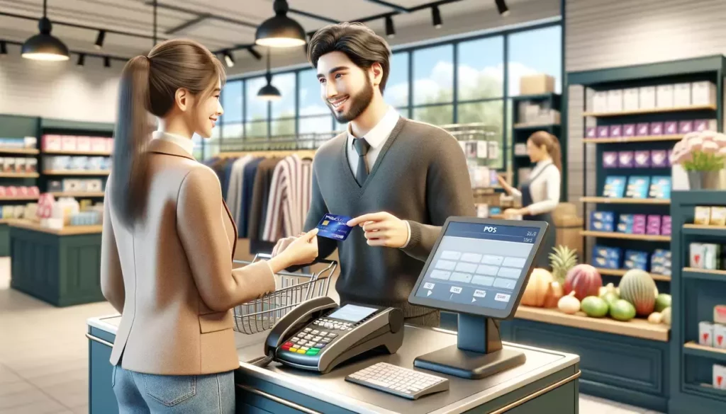 illustrations depicting a realistic scene in a modern retail environment where a customer is using a prepaid credit card. Feel free to review both options!
