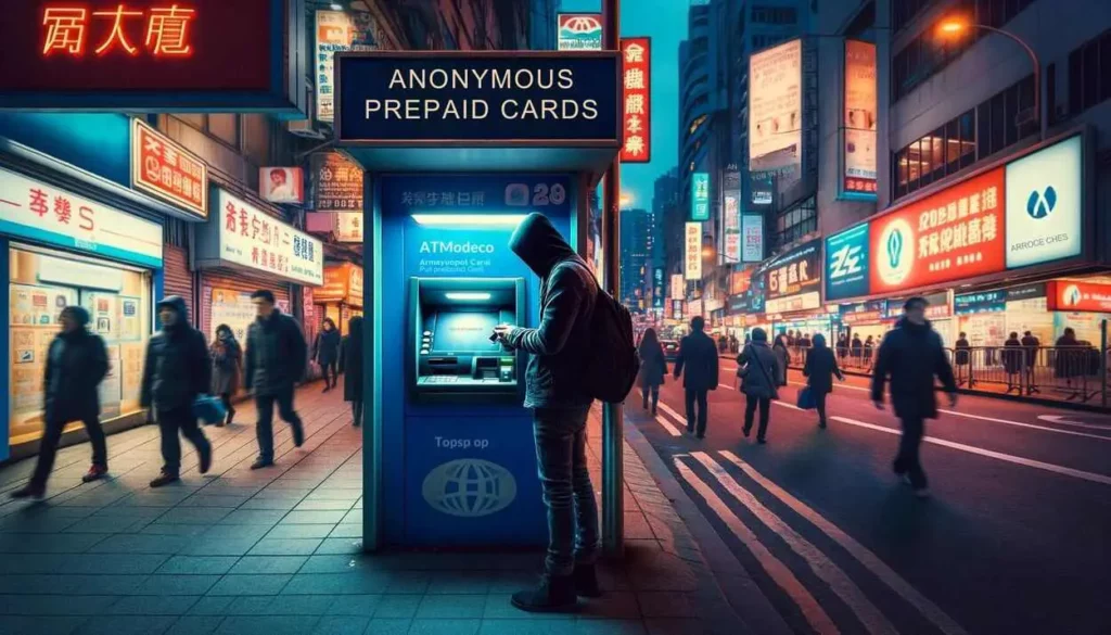 A person discreetly tops up an anonymous prepaid credit card at an ATM on a bustling city street at dusk, surrounded by neon financial service ads.