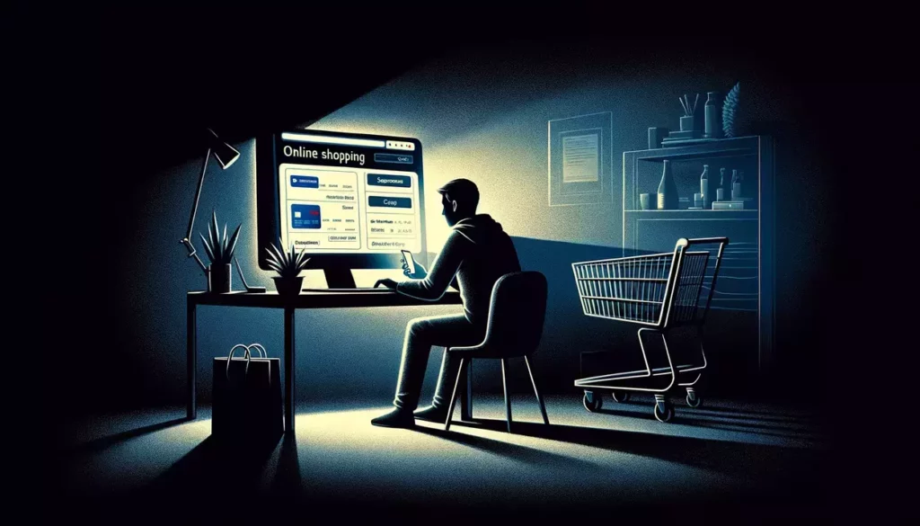 A person engages in a discreet online shopping session at night, using an anonymous prepaid credit card for a privacy-focused digital transaction.