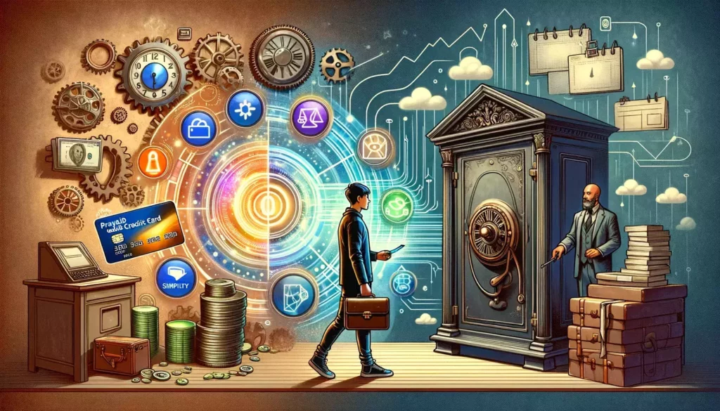 An illustrative comparison between prepaid credit cards and traditional bank accounts. On the left, a modern character interacts with a holographic interface displaying prepaid card features. On the right, a classic figure engages with a vintage safe, symbolizing traditional banking's security. The background transitions from past to present, highlighting the evolution of financial tools with elements like clock gears and digital streams, effectively bridging old and new banking methods.