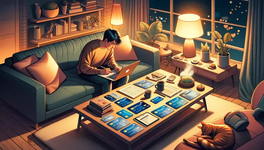 illustrations depicting a young adult engaged in monthly budget planning with prepaid credit cards in a cozy living room setting. Each scene highlights the importance of personal financial management in a comfortable and personalized environment.