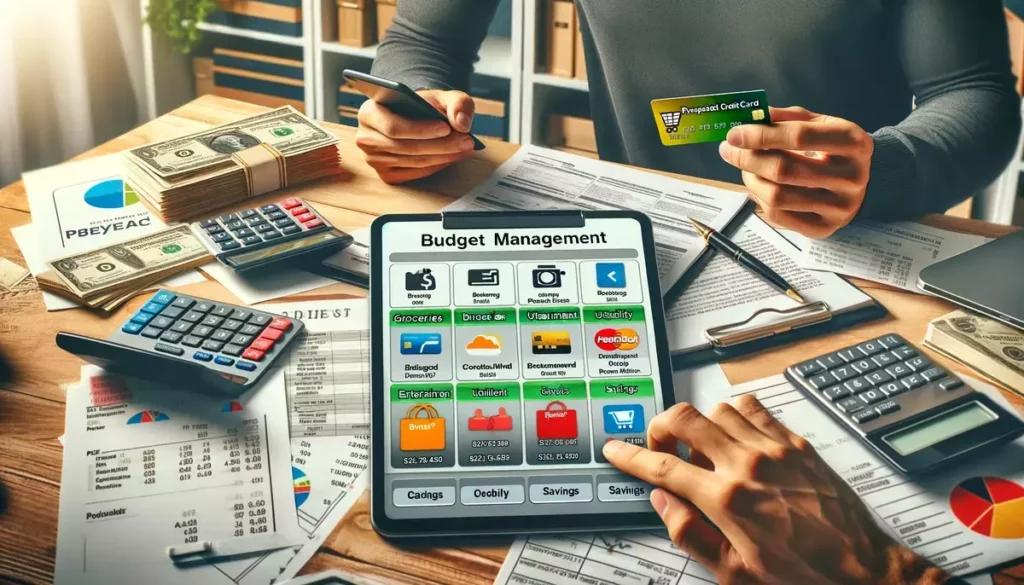 illustrations depicting the use of prepaid credit cards for budget management. Each scene showcases a realistic setting where budgeting and financial planning are emphasized through the thoughtful arrangement of prepaid cards, financial documents, and a budgeting app.