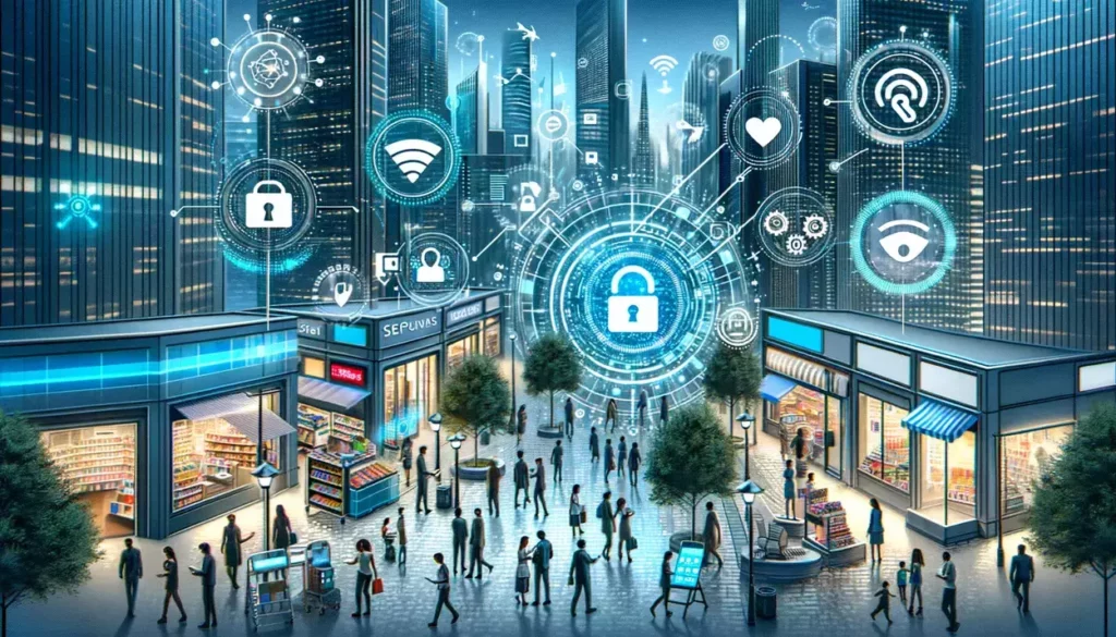 llustrations showing a futuristic cityscape where digital security and technology are integrated into daily life, with people using various digital payment methods securely.